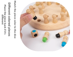Detail of wooden memory chess game with colorful pegs and solid wood base for kids