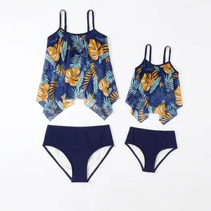 Matching Mother Daughter Swimsuit Nylon Spandex Tropical Floral Print Mesh Tankini High Waisted Bathing Suit Women Girls