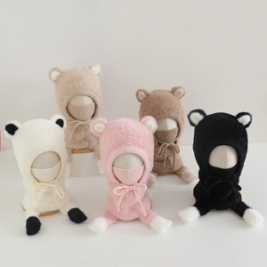 Kids Balaclava Plush Hat With Bear Ears Windproof Warm Integrated Scarf Mask Winter Outdoor For Boys Girls