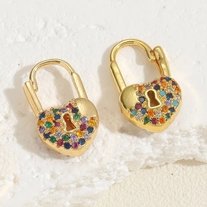Detail of 14K gold plated heart lock earrings with colorful zircon and freshwater pearls