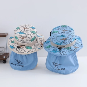 Kids dinosaur print sun hats with neck flaps and breathable mesh in beige and blue