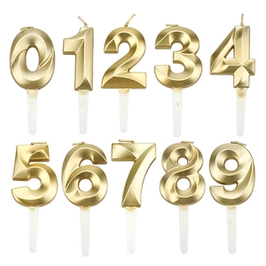 3D geometric gold number 0-9 birthday candle set with shiny diamond facets and sticks