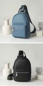 Detail of mini crossbody bags in blue and black litchi grain leather with silver zippers