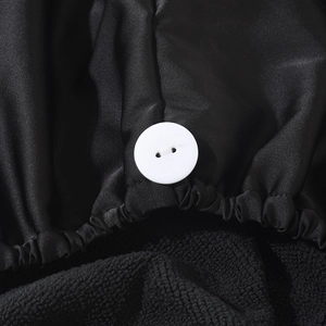 Elastic black satin hair towel wrap with quick-dry microfiber lining and white button