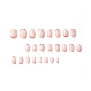 Short square press-on nails with nude pink base and red French tip, set of 24 pieces