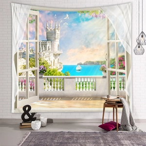 Detailed view of 3D printed wall tapestry featuring a coastal window castle view and blue sea