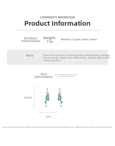 Size chart showing long fringe earrings with glass beads and copper dimensions
