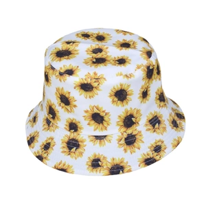 White sunflower print bucket hat for women made of durable cotton fabric for sun protection