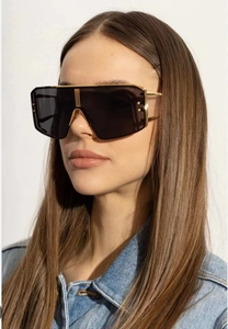 Steampunk oversized shield sunglasses with gold metal bar and hollow mesh temple detail
