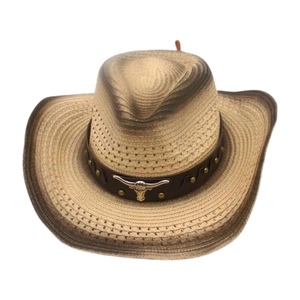 Western straw cowboy hat with silver bull head ornament and vintage brown gradient brim
