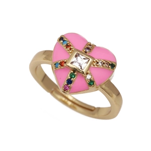 Pink heart-shaped adjustable ring with colorful stones and white center zircon stone