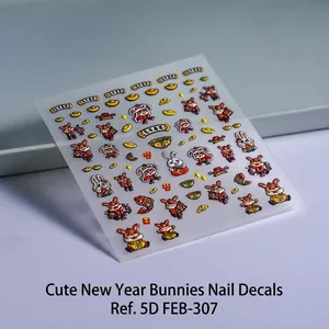 5D embossed Chinese New Year nail stickers with rabbit and gold ingot patterns FEB-307
