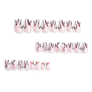 French style square press-on nails with black artistic lines and red leaf patterns