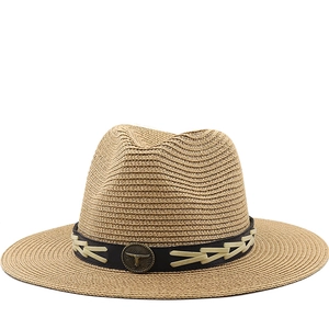 Fedora Straw Hat With Metal Bull Head Buckle Western Cowboy Style Wide Brim Sun Protection For Men Women Beach Summer