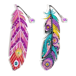 DIY diamond painting feather bookmark set with colorful rhinestones and beaded tassels