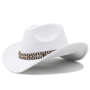 Detail view of white wool cowboy hat featuring a colorful woven bohemian decorative band