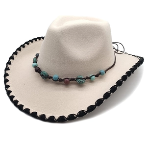 Beige wool felt jazz fedora with bohemian beaded band and black stitched brim edge