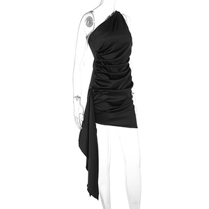 Detail of ruched black satin mini dress featuring sleek one-shoulder and long ribbon ties