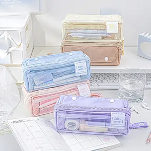 Large capacity transparent pencil case with multi-layer storage and soft pastel colors