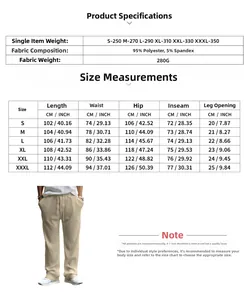 Detailed size chart for men casual straight leg pants with vertical stripe pattern details