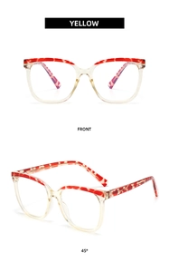 Front and side view of trendy oversized glasses frames in yellow and red leopard pattern