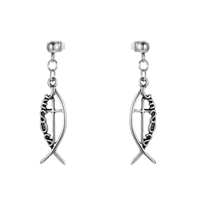 Vintage Stainless Steel Jesus Fish Cross Pendant Earrings For Women Religious Christian Ichthys Jesus Letter Drop Earrings