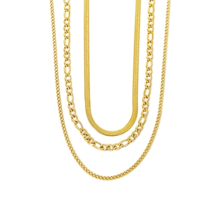 Three-layer golden necklace set featuring Figaro, Cuban, and flat snake chain styles