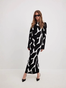 Women Mock Neck Knit Maxi Dress Black White Abstract Geometric Print Long Sleeve Slim Fit Bodycon Commuter Elegant