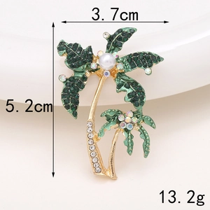 Zinc alloy coconut tree brooch with green crystals and pearl, 3.7cm x 5.2cm size