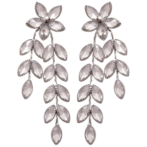 Silver flower tassel earrings with sparkling crystals and elegant leaf drop design