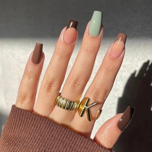 French Press On Nails Coffin Shape Brown Mint Green Ballerina False Nails Full Cover Manicure For Women Detachable