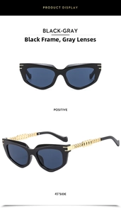 Detailed views of cat-eye sunglasses with gold chain hollow temples and dark gray lenses