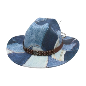 Blue and white color block western cowboy hat with studded leather band decoration