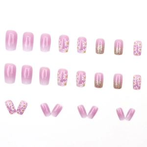 24pcs gradient white and purple press-on nails with daisy floral prints and gold glitter