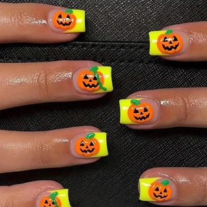Halloween Press On Nails 3D Pumpkin Design French Square False Nails Yellow Colorful ABS Plastic For Women DIY Manicure