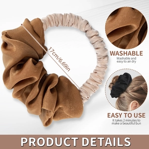 Heatless hair curler bun scrunchie in brown satin with 17cm diameter dimension