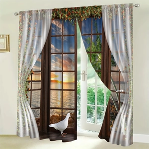 Sunset beach landscape curtains with palm trees and metal grommets for living room