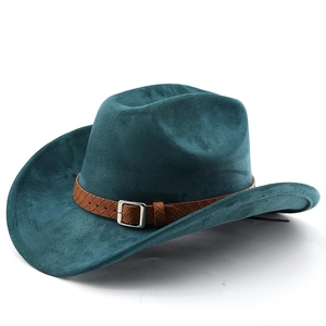 Chapeau de cowboy bleu paon en suédine avec ruban tressé et boucle métallique