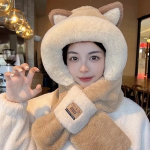 Korean Style Hooded Scarf And Hat Integrated Cashmere Thickened Plush Winter Warm Headwear For Women Cute Bear Ears Design