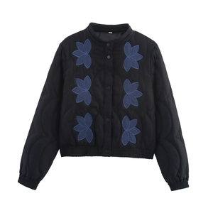 Detail of blue floral embroidery on black quilted cotton jacket with snap buttons