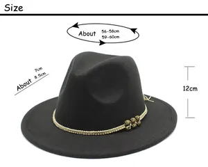 Size chart showing circumference and brim measurements for the wool fedora jazz hat