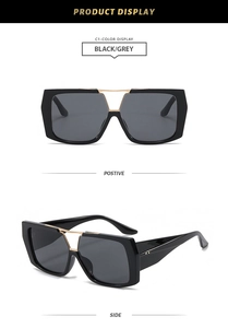 Close-up of square aviator sunglasses in black and gold with front and side views