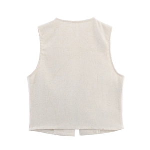 Vista posteriore del gilet in lino crema con trama del tessuto e taglio minimalista pulito