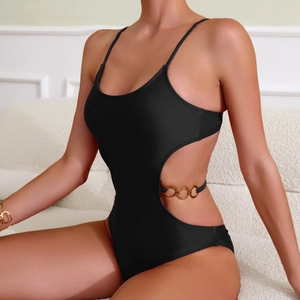 Sexy black one-piece swimsuit with gold chain details and side cut-outs for women