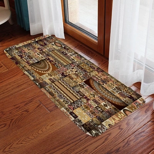 Detail of vintage bohemian hallway runner mat with geometric patterns on wooden floor