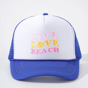 Blue and white trucker hat with Live Love Beach embroidery and adjustable mesh back