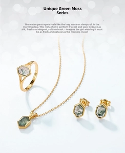 Macro shot of S925 silver hexagon moss agate jewelry set with golden plating