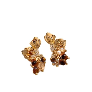 French style gold petal earrings with tiger eye stone beads and sparkling zircons