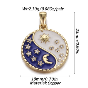 Detailed view of sun moon gold pendant with dimensions 23mm by 18mm and enamel inlay