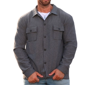 Grey men's casual long sleeve jacket with textured waffle knit pattern and front buttons